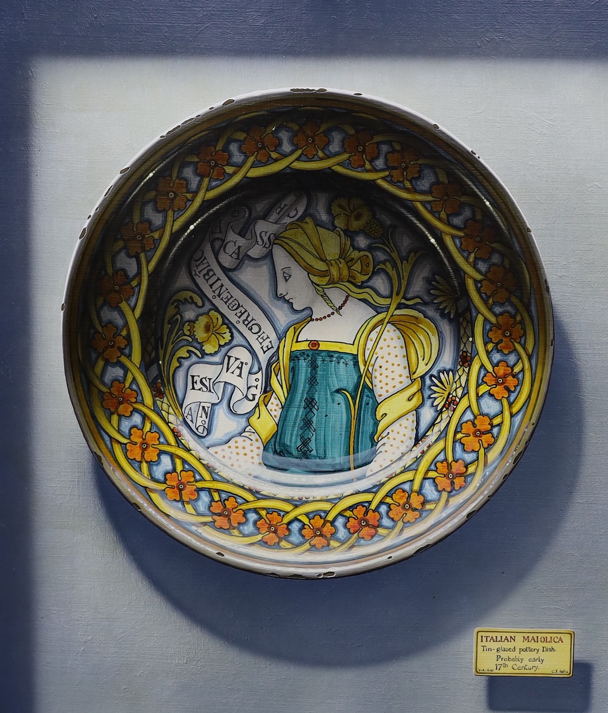 Christopher J. Harrison (b.1935), oil on board, Trompe l'oeil; Italian maiolica dish, initialled, 60 x 54cm